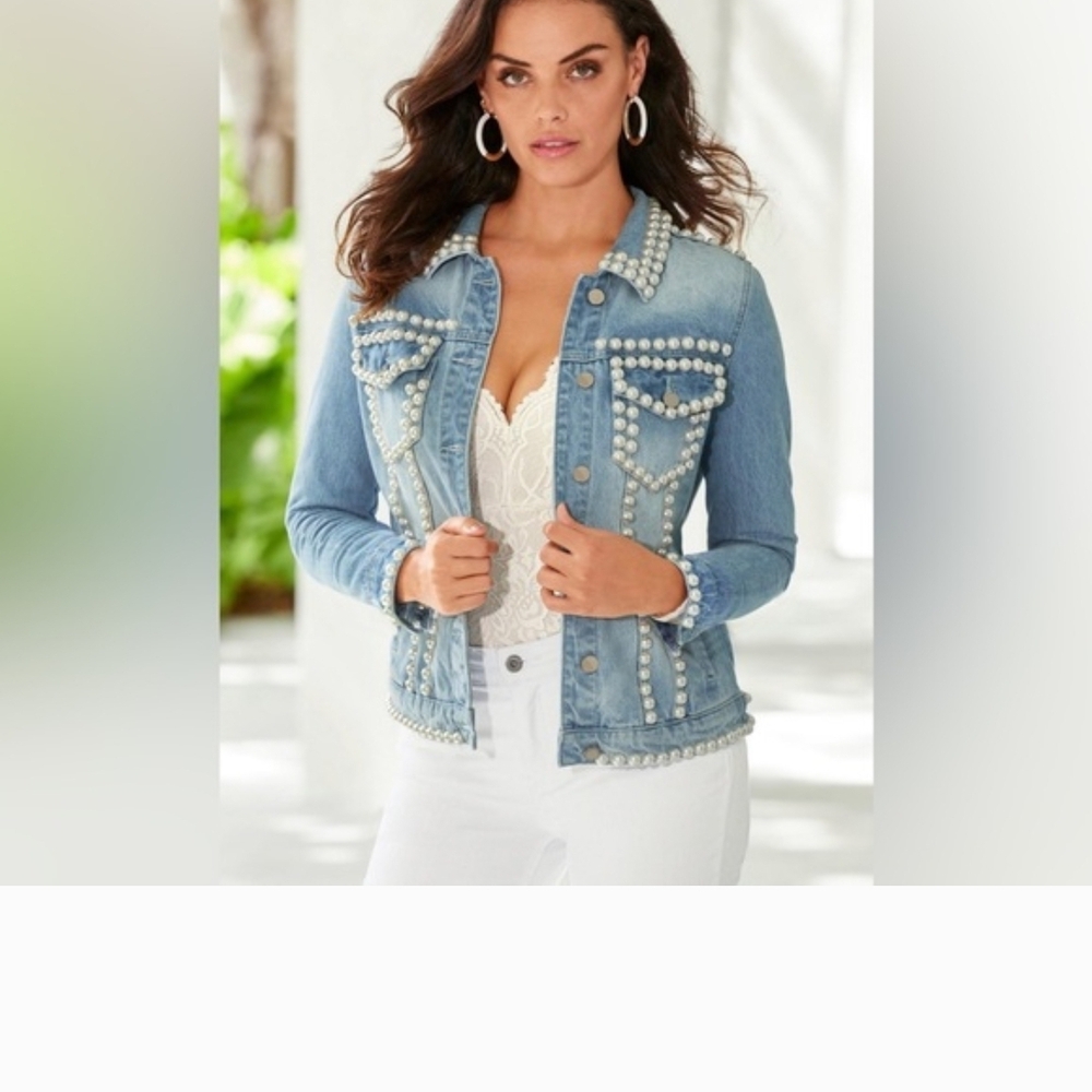 NWT Boston Proper Pearl Embellished Denim Jacket - Picture 7 of 8